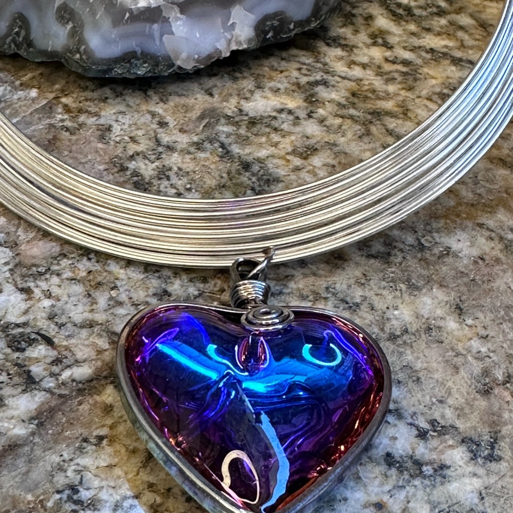 Huge Silver Glass Titanium Puff Heart Choker Necklace - Picture 6 of 12